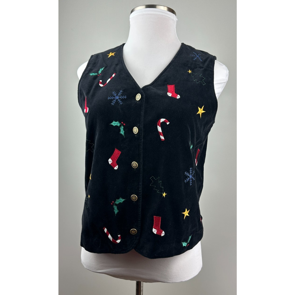 Talbots Christmas Themed Black Velvet Lined Button Up Vest Holiday Print Large - Picture 2 of 14